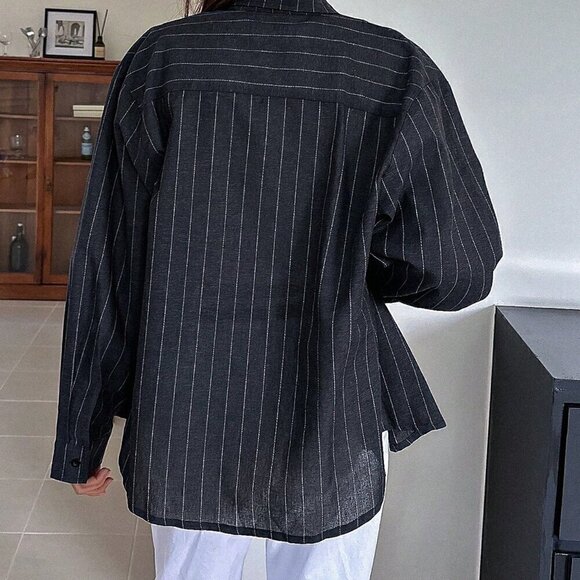 Blue Casual Women's Striped Print Drop Shoulder Shirt - Picture 2 of 5